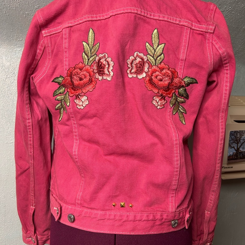 GAP Pink Floral Embroidered Jean Jacket